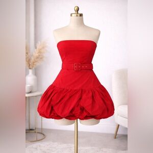 Forever 21 Red Strapless Bubble Mini Dress Belted Party Dress Size S
